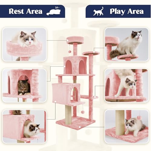 58.5inch Large Cat Tree Tower Condo for Indoor Cats, Soft Plush Multi-Level Climbing Tree Cat House with 1 360° Rotating Cat Cave, Scratching Post, More Entrance/Exit, Sisal Rope, Pink - color: Pink