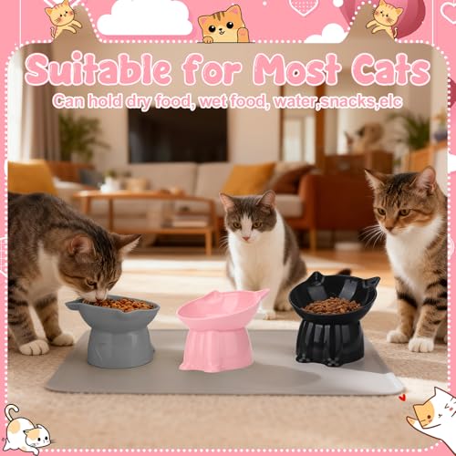 3 Pcs Elevated Cat Bowls 15°Raised Cat Food Bowl with Silicone Mat Whisker Friendly Anti Vomiting Cats Dishes Pet Food and Water Bowls for Indoor Cats Kittens Classic Pink, Grey, Black Pink, Grey, Bla - color: Pink, Grey, Black