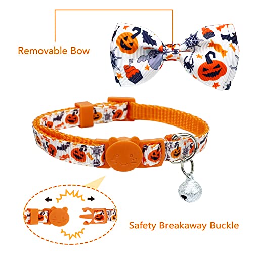 Halloween Cat Collar with Bell, Kitty Kitten Holiday Bow tie Collar Breakaway 2 Pack for Girl and Boys Male Female - color: Pattern A