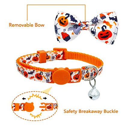 Halloween Cat Collar with Bell, Kitty Kitten Holiday Bow tie Collar Breakaway 2 Pack for Girl and Boys Male Female - color: Pattern A