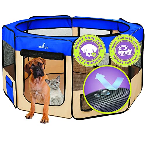 Zampa Puppy Pop Up Portable Playpen for Dog and Cat, Foldable | Indoor/Outdoor Kitten Pen & Travel Pet Carrier + Carrying Case (Blue, Extra Large (80"x80"x36")) - color: Blue, style: Extra Large (80"x80"x36")
