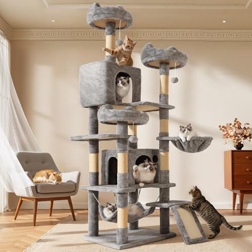 YITAHOME Tall Cat Tree for Indoor Cats, 75 inch Multi-Level Cat Tower with Cat Condos, Top Perches, Sisal Ramp Scratching Posts, Cozy Basket, Hammocks, Large Cat Pet Activity Structure, Light Gray - color: Light Grey, size: 75 inches