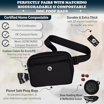 Puppington 3-in-1 Crossbody Dog Treat Pouch for Pet Training - Compostable Poop Bags, Built-In Poop Bag Dispenser, Slow-Feeding Travel Dog Bowl & Reflective Leash - Dog Walking Bag (Onyx Black) - color: Onyx Black