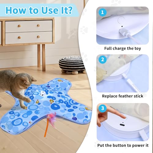 DFQ Interactive Cat Toy for Indoor Cats, Rechargeable Touch-Activated Moving Feather Wand with Concealed Motion, Play Toy for Kittens and Adult Cats (Blue) - color: Blue