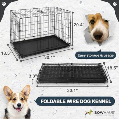 CAPHAUS Foldable Dog Crate Wire Metal Dog Kennel w/Divider Panel, Leak-Proof Pan & Protecting Feet, Single & Double Door, Small, Medium & Large Dog Crate Indoor Wire Dog Cage, 30” w/Easy-Flick Lock - size: 30.1"L x 18.5"W x 20.4"H