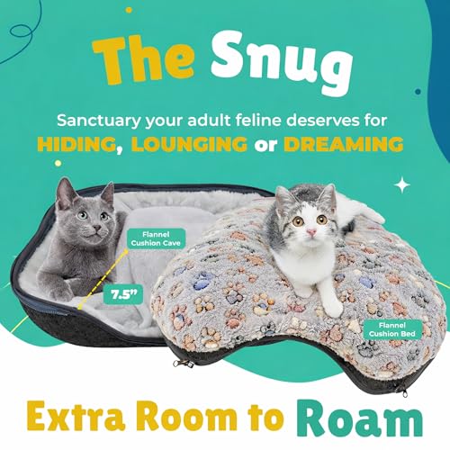 RINGTAIL Peekaboo Cat Cave Donut for Multiple & Large Cats Up to 30-45 lb, 3-in-1 Self Warming Cat Bed Tunnel with 2 Soft Fluffy Fleece Pet Blankets, Scratch, Detachable & Washable (Dark Gray, Large)