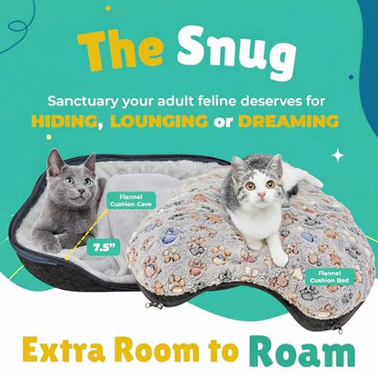 RINGTAIL Peekaboo Cat Cave Donut for Multiple & Large Cats Up to 30-45 lb, 3-in-1 Self Warming Cat Bed Tunnel with 2 Soft Fluffy Fleece Pet Blankets, Scratch, Detachable & Washable (Dark Gray, Large)