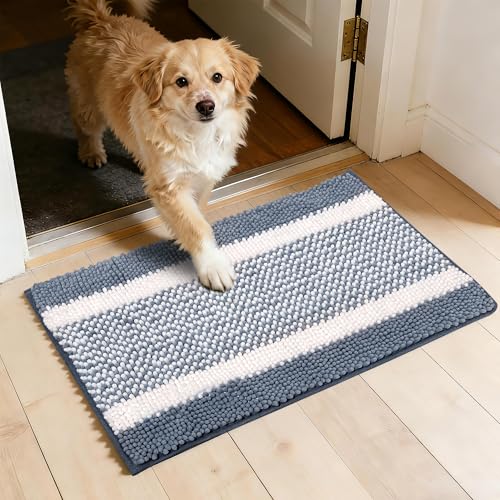 Dog Door Mat for Muddy Paws - Absorbent Quick-Dry Non-Slip Washable Chenille Pet Rug, Indoor Entryway Mat for Front Door & Crate (Blue White, 34" L*23" W) - color: Blue White, size: 34"L*23"W