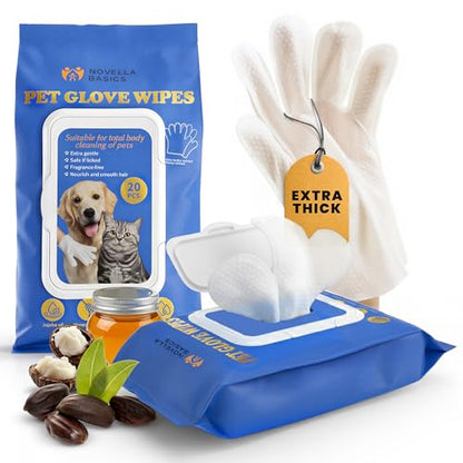 Pet Cleaning Glove Wipes for Dogs & Cats - Hypoallergenic Coconut Infused Extra Thick Dog Washing Gloves - Deodorizing Grooming Mitts - Puppy and Cat Cleaning Wipes - 20 Count