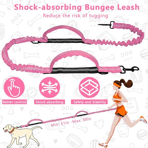 Hands Free Dog Leash with Zipper Pouch, Running Waist Leash for Dog Walking, Adjustable Waist Belt for Large Dogs, Reflective Bungee Design with Two Handle for Hiking, Training, Pink - color: Pink