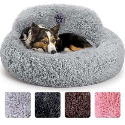 PetJett Calming Dog Bed Medium Size Dog - 30'' Donut Bed, Washable Dog Bed - Anti-Slip Super Soft Fluffy Plush Round Bed, Anti-Anxiety Premium Comfort Pet Bed, Fits Dogs up to 45 lbs - Bright Grey - color: Bright Grey, size: Medium - 30”L x 30”W x 8”Th