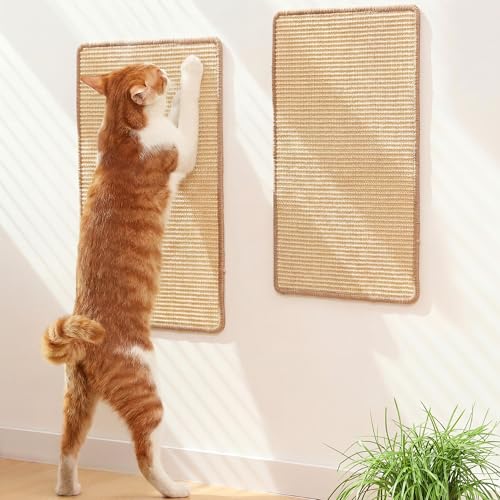 FUKUMARU 2 Packs Cat Scratching Mat, 19.6 x 11.8 Inch Natural Sisal Cat Scratch Pad Mats for Indoor Cats, Horizontal Cats Wall Scratcher Kitten Floor Rug with Sticky Tape, Furniture Protector - color: Beige-2 Packs 19.6 x 11.8 Inch
