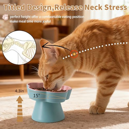 Tilted Cat Bowl, Flower-Shaped Ceramic Slow Feeder Cat Bowl, Raised Pet Bowl for Whisker Relief, Prevents Vomiting & Bloating, Non-Slip Base, Easy to Clean for Dry/Wet Food (Pink & Blue) - color: Pink & Blue