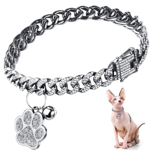 Hillban Cat Collar Diamond Chain Glitter Collar Walking Metal with Secure Buckle Cat Pet Necklace with Paw Charm and ID Tag Bell Link Cuban Jewelry Accessories Gift(8 Inch,Steel Black, White) - color: Steel Black, White, size: 8 Inch