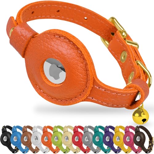 OOPSDOGGY Leather AirTag Cat Collar with Bell - Non Breakaway Kitten Collar with Apple Air Tag Holder - Lightweight GPS Pet Collars for Girl Boy Cats, Small Dogs, Puppies (Orange) - color: Orange