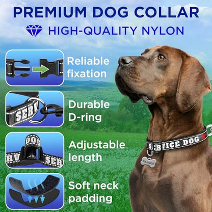 TECEUM Reflective Pet Collar – Black - Service Dog – L – Extra Soft Padding – Basic Nylon Dog Collar – Quick Release Buckle – Fits Small, Medium and Large Dogs, Puppies, Cats - color: Black - Service Dog, size: Large