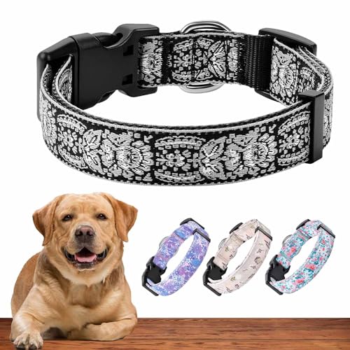 Dog Collar for Medium & Large - Black Silver Woven Pattern on Long Lasting, Adjustable, Strong and Durable Collars for Dogs - Choose from Stunning Patterns and Colors - color: Black Silver, size: Medium