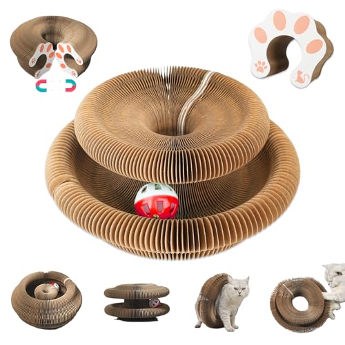 Kitty Curls Cat Toy, Magic Organ Cat Interactive Scratcher Cardboard with Bell Ball, Foldable & Changeable Accordion Shape Exercise Anxiety Relief Toy for Indoor Cats (1PCS) - size: 1 PCS