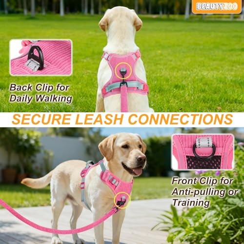BEAUTYZOO No Pull Dog Harness Large, Adjustable Dog Harness and Leash Set -Easy Wearing with 3 Buckles/Control Handle,No Choke Soft Padded Reflective Pet Vest for Training Walking Hiking,Rose M - color: Solid Rose, size: M: chest 16"-28"