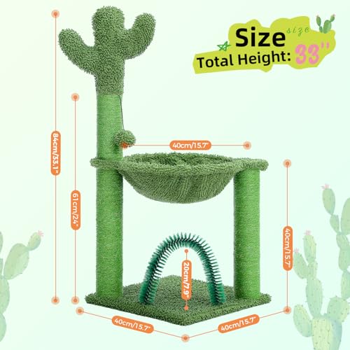 PAWZ Road Cactus Cat Tree, 33 Inchs Cat Tower with Cat Self Groomer, Soft Hammock and Fully Wrapped Sisal Scratching Post for Indoor Cats