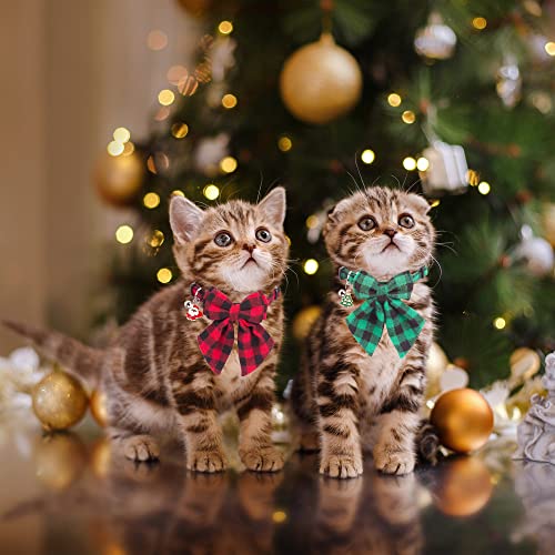 ADOGGYGO Christmas Cat Collars Breakaway with Bowtie, 2 Pack Red Green Plaid Xmas Kitten Collar with Removable Bow Bell Christmas Collar for Cats Kittens - color: Red&Green-2