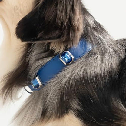Luxury K9 Crystal Dog Collar -Waterproof Wear-Resistant Microfiber Leather with Hand-Set Rhinestone Gems, Durable Metal Buckle, Adjustable Bling Collar for Small Medium Large Dogs (Blue, L) - color: Blue, size: L(FIT,NECK:14.5"-18")