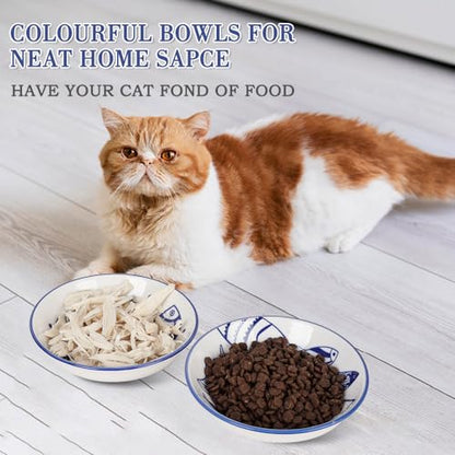 HAPPY KIT 2Pcs Wide Shallow Cat Bowls,8.5oz Colorful Plate Set with Non-Slip Mat,5.7 inch Indoor Ceramic Cats Dish/Dishes Relief of Whisker Fatigue - Microwave and Dishwasher Safe - color: fish