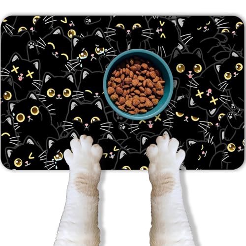 Cat Food Mat for Pet Dog Food Mat, Black Cat Absorbent Quick Dry Dog Bowl Mats for Food and Water, Non-Slip Cat Pet Feeding Mats for Floor Placemats 12"x20" - color: Black Cat, size: 20"L x 20"W