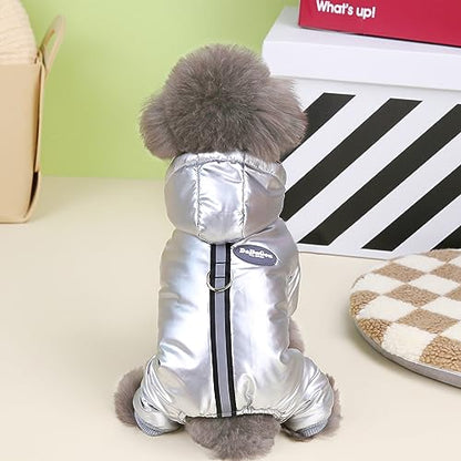 Izefia Dog Coat Windproof Jacket Cold Weather Coats 4 Legs Warm Jumpsuit Winter Thick Clothes Snow Proof Cotton Coat for Small Dog Medium Cat Silver M - color: Silver, size: Medium (Back length: 8.7 inches)