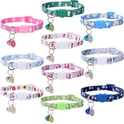 10PC Floral Cat Collar Set with Bells - Breakaway Safety for Kittens and Small Cats (#1) - color: #1
