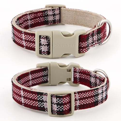 Plutus Pet Cotton Hemp Dog Collar and Leash Set, Adjustable Collar for Small, Medium, and Large Dogs, Heavy Duty and Soft on Skin, Red Plaid, XS - color: Red Plaid, size: X-Small