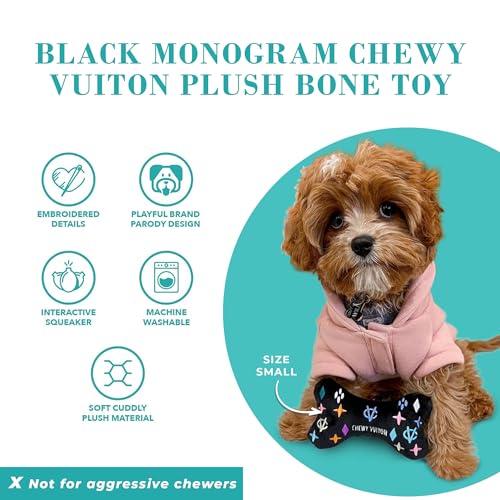 Haute Diggity Dog Chewy Vuiton Bone Plush Squeaky Dog Toy, Soft Durable Designer-Inspired Stuffed Puppy Chew Toys for Small & Medium Dogs, Machine-Washable (Black Monogram) Small - color: Black Bone, size: Small