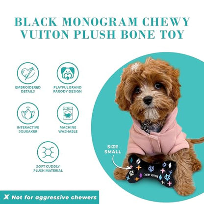 Haute Diggity Dog Chewy Vuiton Bone Plush Squeaky Dog Toy, Soft Durable Designer-Inspired Stuffed Puppy Chew Toys for Small & Medium Dogs, Machine-Washable (Black Monogram) Small - color: Black Bone, size: Small