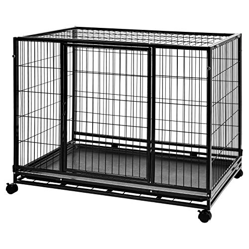 Amazon Basics - Portable Heavy Duty Stackable Dog Pet Kennel on Wheels with Tray, Black, 43.5" L x 29.8" W x 34.3" H - size: 44.9"L x 29.9"W x 33.9"H