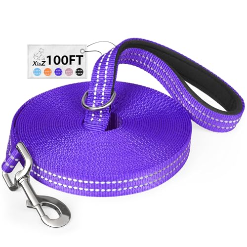 Long Dog Leash XiaZ Training Leashes 10/15/20/30/50/100ft Long Lead for Dogs 100ft Training Leash for Outside Purple 100 Foot Nylon Padded Handle Reflective Hiking Yard - color: C-Purple, size: 100 Feet