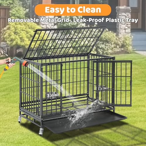 Homey Pet 37 Inch Heavy Duty Dog Crate for Medium Dogs, Stackable Dog Cage with Four Lockable Wheels, Removable Tray & Grid, Open Top, Escape Proof Dog Kennel Indoor - size: 37"L