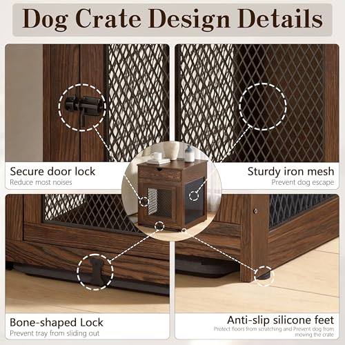 Dog Crate Furniture,Wooden Dog Crate End Table with Storage Drawer&Cushion&Tray, QC3.0 Wireless Charging,Dual USB,Small Dogs Rustic Style - color: Rustic Brown, size: 25.0"L x 19.0"W x 24.0"H
