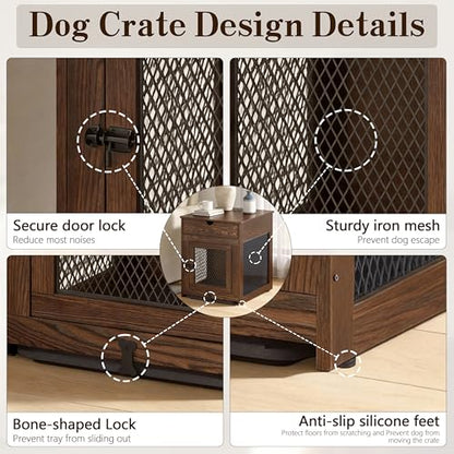Dog Crate Furniture,Wooden Dog Crate End Table with Storage Drawer&Cushion&Tray, QC3.0 Wireless Charging,Dual USB,Small Dogs Rustic Style - color: Rustic Brown, size: 25.0"L x 19.0"W x 24.0"H
