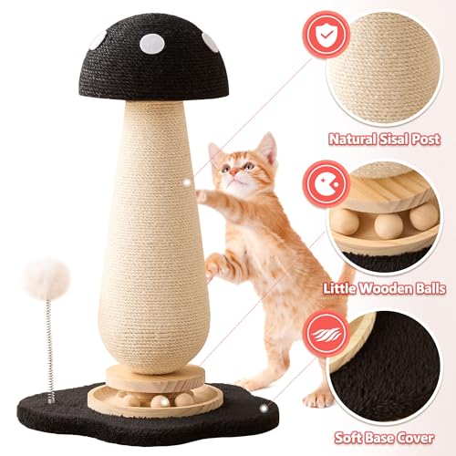 Mushroom Cat Scratching Post Cat Tree, 21.5‘’ H Cute Cat Scratcher Tower with Durable Solid Wood Turntable Toy, Solid Black Mushroom Scratch Post Cat Sisal Scratcher with Catnip for Indoor Cats - color: Black Mushroom