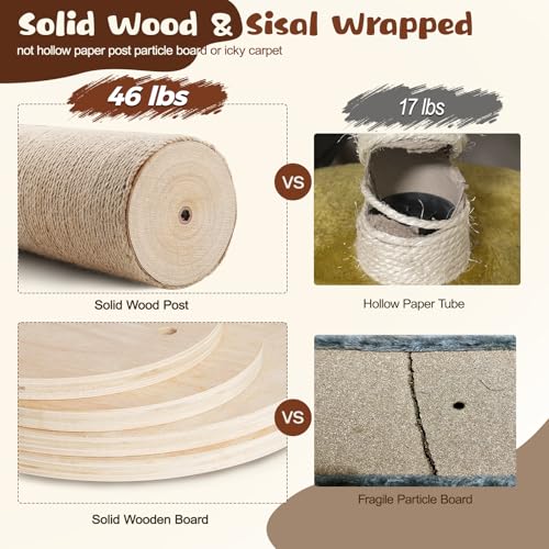 Solid Real Wood Floor to Ceiling Cat Tree, 6 Level Adjustable Height (89"-105"), Modern Climbing Tower with Thickened Wooden Sisal Scratching Posts & Cozy Bed for Indoor Cats Large Adult - size: 6 Level | 89-105 in