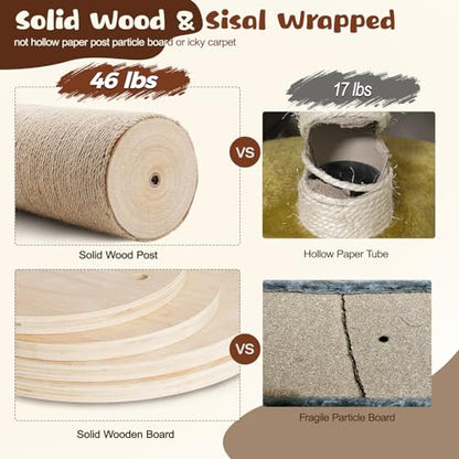 Solid Real Wood Floor to Ceiling Cat Tree, 6 Level Adjustable Height (89"-105"), Modern Climbing Tower with Thickened Wooden Sisal Scratching Posts & Cozy Bed for Indoor Cats Large Adult - size: 6 Level | 89-105 in