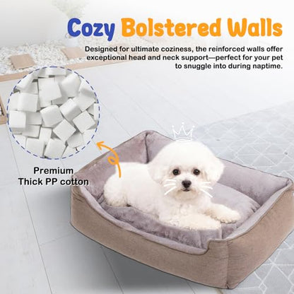 Rectangle Dog Bed for Medium Size Dog with Removable Washable Cover Pet Bed with Bolster Sides Non-Slip Bottom Pet Sofa Waterproof Lining Durable Pet Cuddler, Light Brown, 25x 20x 6.7 in - color: Light Brown, size: 24"L x 20"W x 6.7"Th
