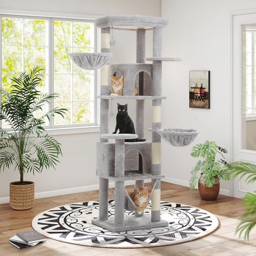 71.2 Inches Tall Cat Tree for Large Cats, Multi-Level Cat Tower with 2 Cozy Condos, Super Large Top Perch, 3 Hammocks, Sisal Scratching Posts and 2 Pompoms, Grey - color: Grey, size: 71.2 Inches