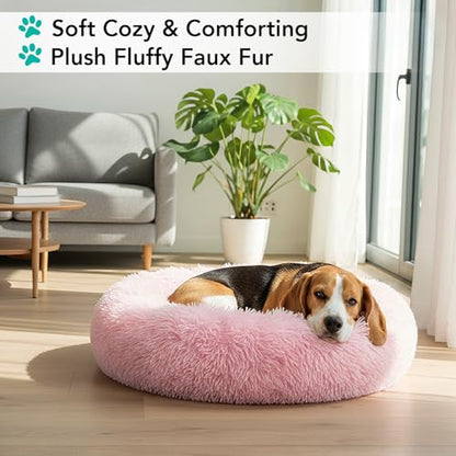 PetAmi Calming Dog Bed for Small & Medium Dogs and Cats, 30 Round Donut Dog Bed, Washable Fluffy Faux Fur Puppy & Cat Bed, Anti-Anxiety Plush Cuddler Pet Bed with Anti-Slip Bottom - Pink - color: Pink, size: Medium - 30"