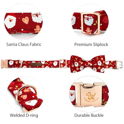 Elegant little tail Christmas Dog Collar, Winter Santa Claus Pet Collars Bow Red Metal Buckle Collar Puppy Girl Boy Holiday Cotton Soft Bowtie Adjustable Dog Collar for X-Small Dogs - color: Heart with Santa Claus, size: X-Small (Pack of 1)