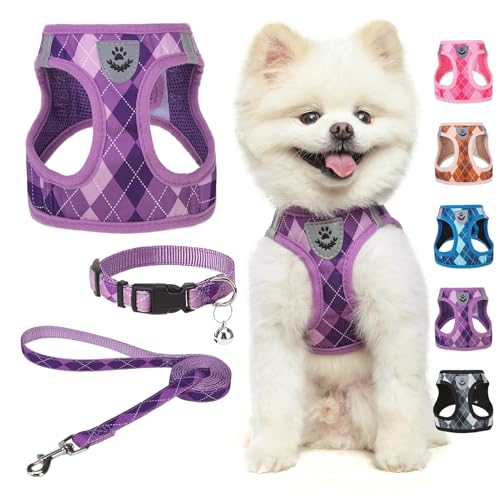SCENEREAL Small Dog Harness and Leash Collar Set, Step in No Pull Soft Mesh Dog Harnesses for Small Medium Sized Dogs Puppy and Cats Outdoor Walking, No Chock Reflective Vest Harness, Purple Plaid S - color: Purple, size: S: Chest Girth: 14.5"-16"