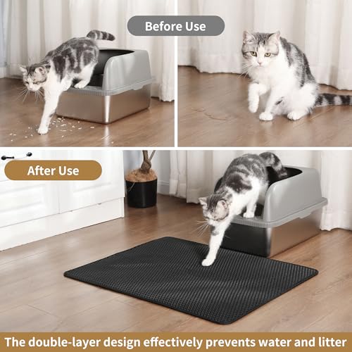 Cat Litter Mat 30x24 Inches, Honeycomb Double Layer Traps Litter & Waterproof Leatherette Bottom Prevents Urine Leaks, Durable & Easy Clean Pet Floor Protector for Cat Litter Box Area（Black） - color: Black（30x24 inch）