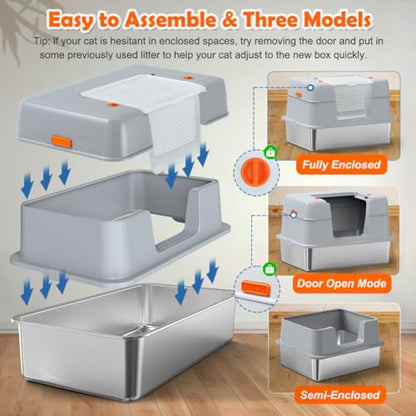 Vivifying Stainless Steel Litter Box with Lid, XL Side Entry Extra Large Litter Box for Big Cats & Kitty, Removable Enclosed Metal Cat Pan with High Sided Enclosure, Scoop, Mat, Footboard (Gray) - color: Gray