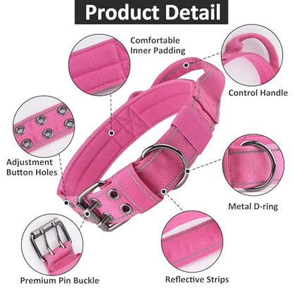 Tactical Dog Collar with Control Handle, Military Adjustable Pet Collar Reflective Heavy Metal Buckle Dog Collar, Soft Nylon Training Collar for Medium Large Dogs (Rose Red, Medium) - color: Rose Red, size: Medium