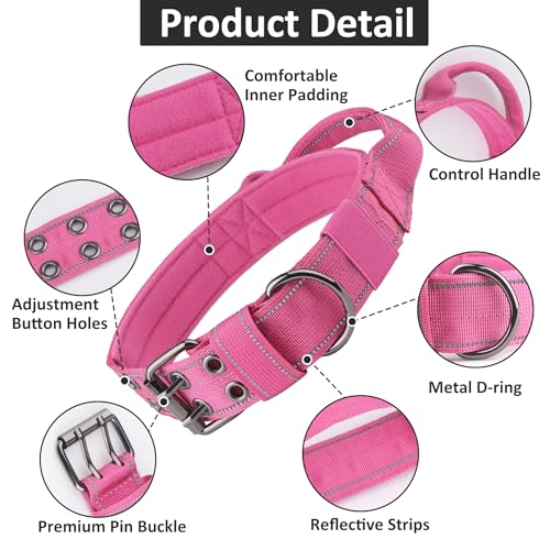 Tactical Dog Collar with Control Handle, Military Adjustable Pet Collar Reflective Heavy Metal Buckle Dog Collar, Soft Nylon Training Collar for Medium Large Dogs (Rose Red, Large) - color: Rose Red, size: Large